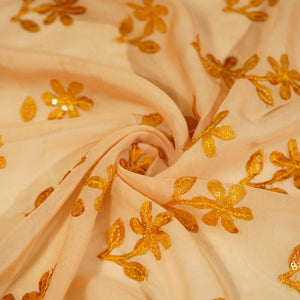 Orange Sequins Applique Work Organza Fabric