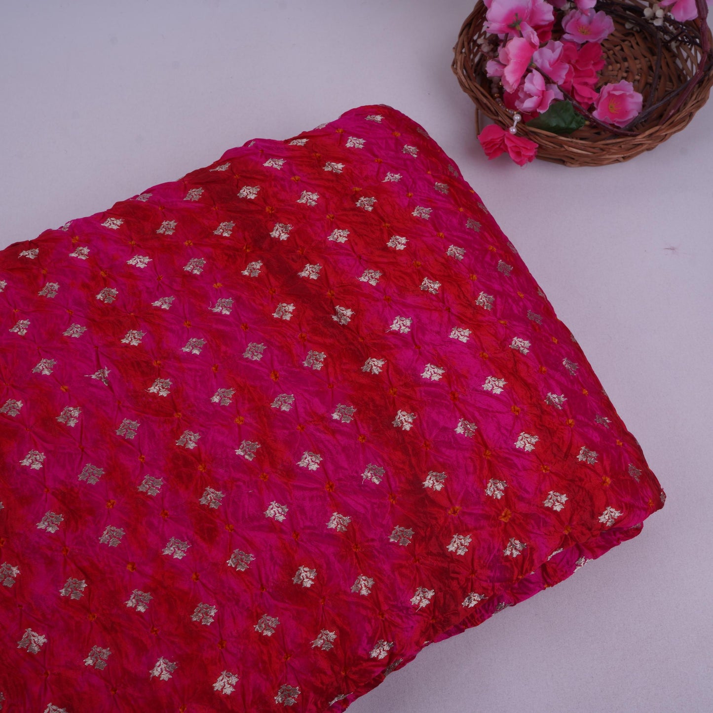 Magenta Shibori Bandhani Dupion Silk Fabric YHF-32846