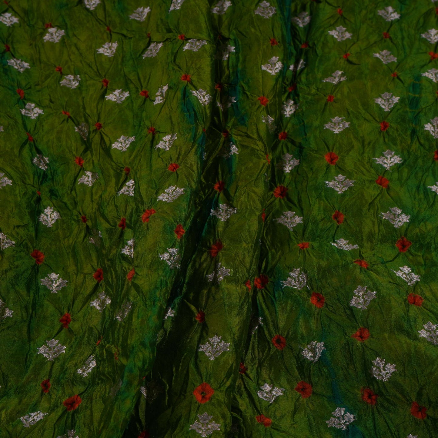 Green Shibori Bandhani Dupion Silk Fabric YHF-32844