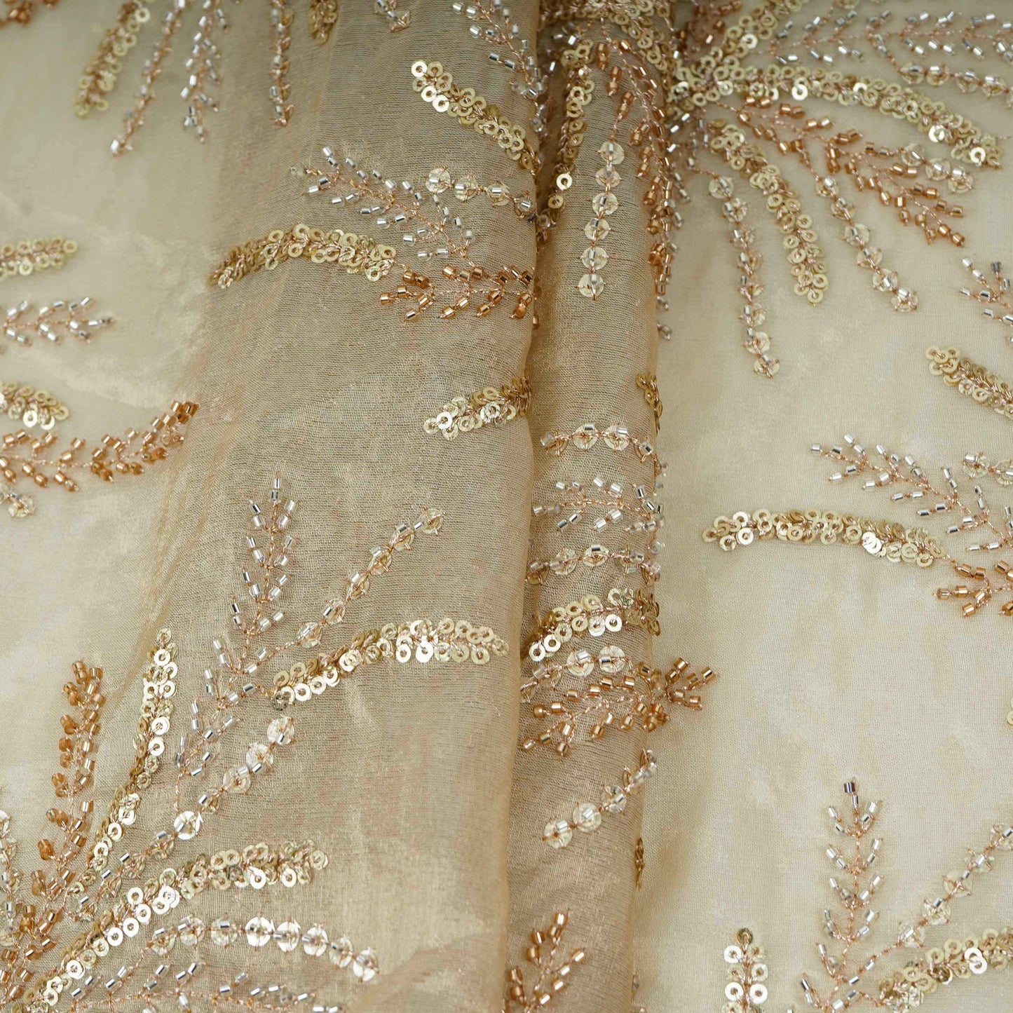Golden floral cutdana sequins embroidery Dyeable Kanjivaram Silk Fabric TF-31157