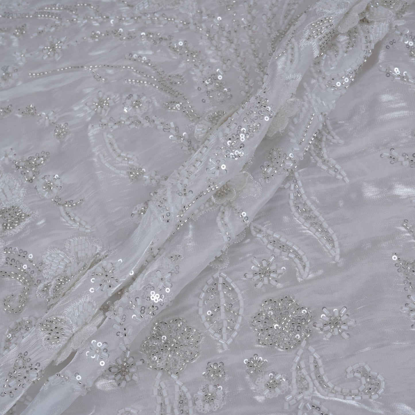 White 3D Floral Cutdana Border Organza Fabric LF-33010