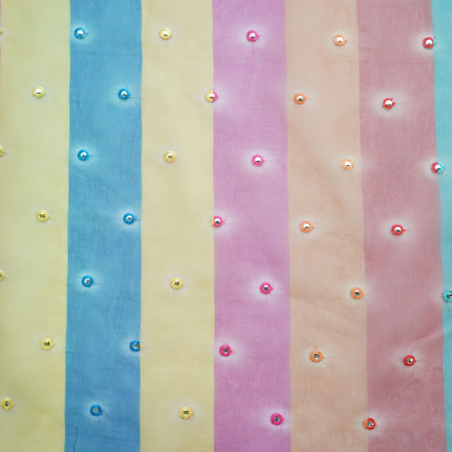 Multicolor Stripes Print Mirror Embroidery Organza Fabric