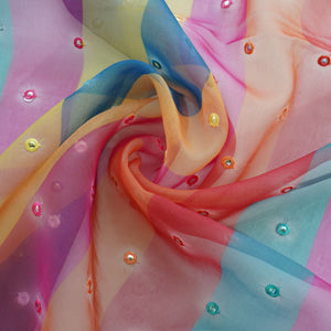 Multicolor Stripes Print Mirror Embroidery Organza Fabric