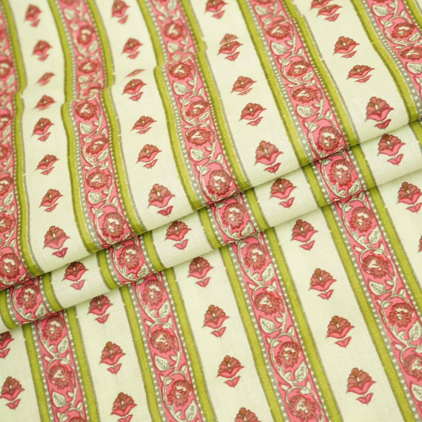 Light Mint Green & Pink Floral Stripes Print Cotton Fabric PB-29747