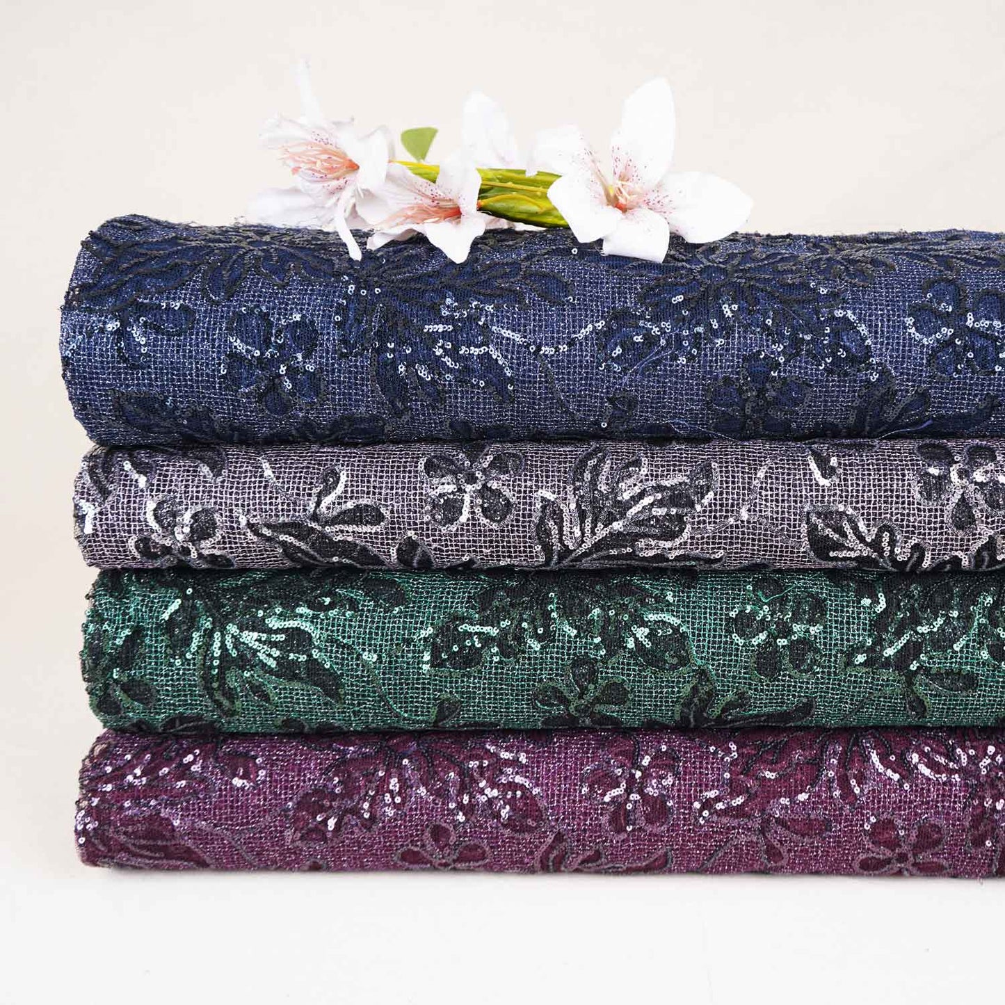 Classic Purple Floral Sequins Embroidery Net Fabric 14230