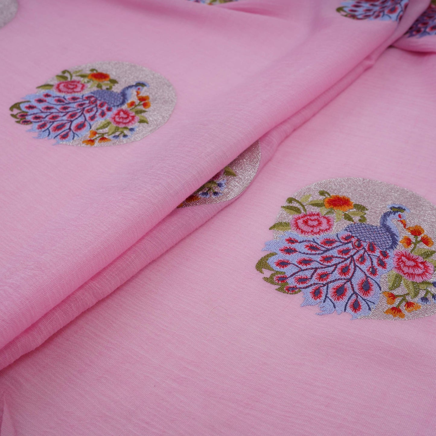 Baby Pink floral Buta Patch embroidery Chinon Cotton Slub Fabric VFS-31658