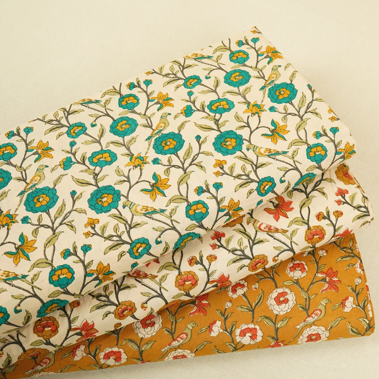 Mustard Parrot Foil Print Cotton Fabric PB-29705