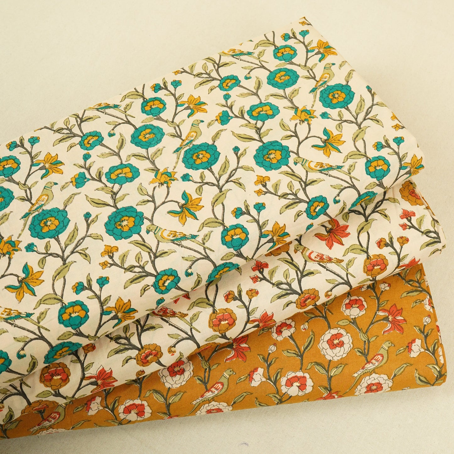 Cream With Orange Parrot Foil Print Cotton Fabric PB-29703