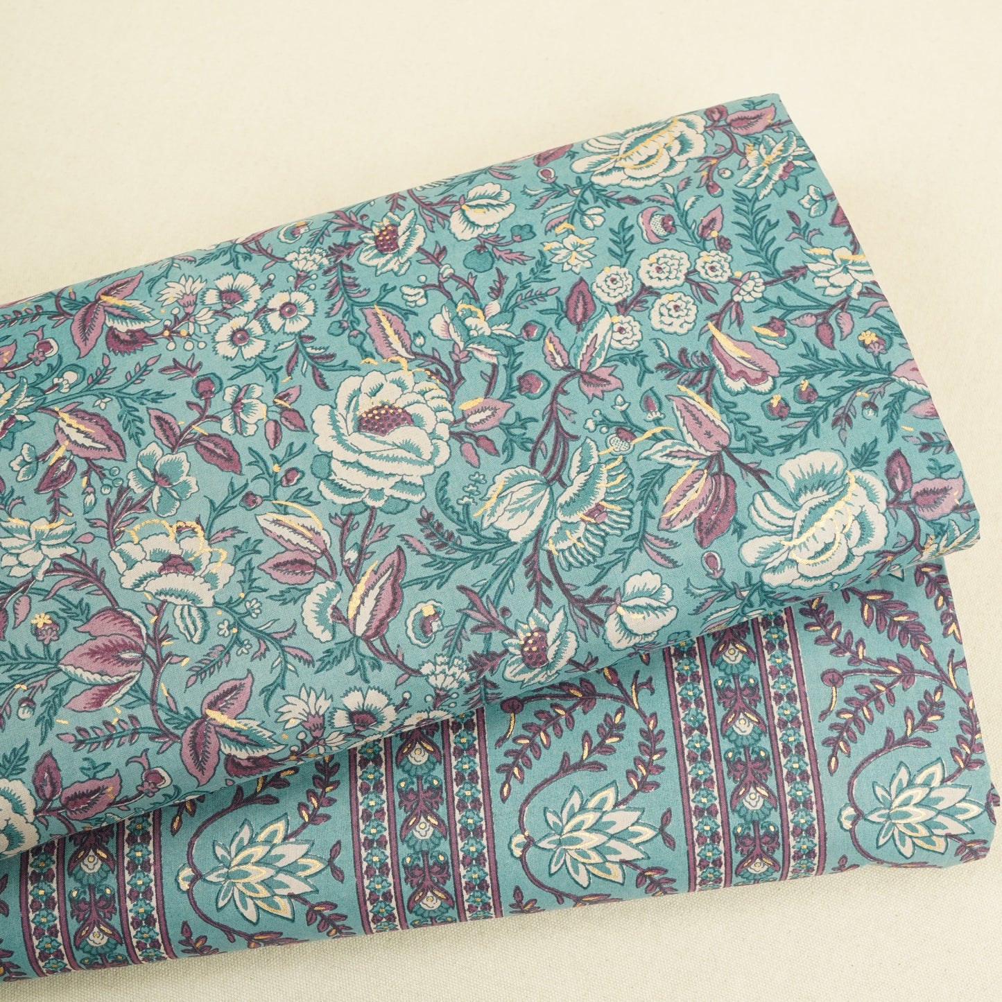 Lilac Floral Stripes Foil Print Cotton Fabric PB-29707
