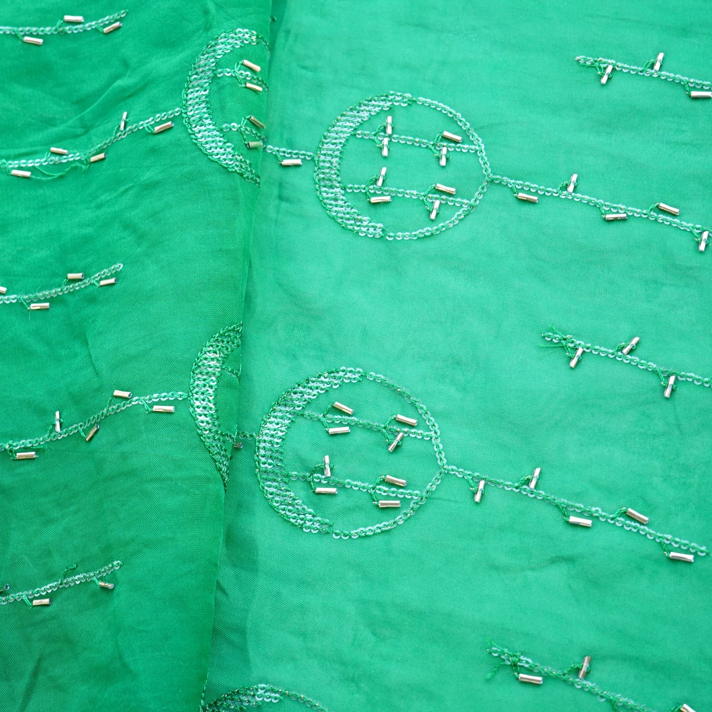 Green Cutdana Sequins Embroidery Organza Fabric 21005
