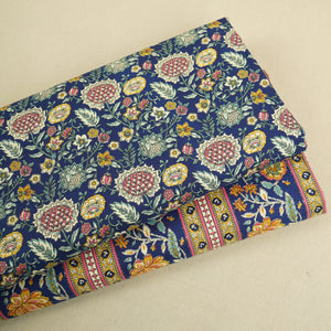 Navy Blue Floral Stripes Foil Print Cotton Fabric PB-29709 - TradeUNO