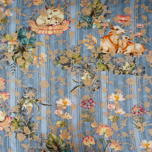 Teal Blue Pichwai Jacquard stripes Raw Mango Silk Fabric CW-31581 - TradeUNO