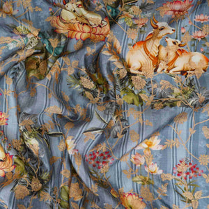 Teal Blue Pichwai Jacquard stripes Raw Mango Silk Fabric CW-31581 - TradeUNO
