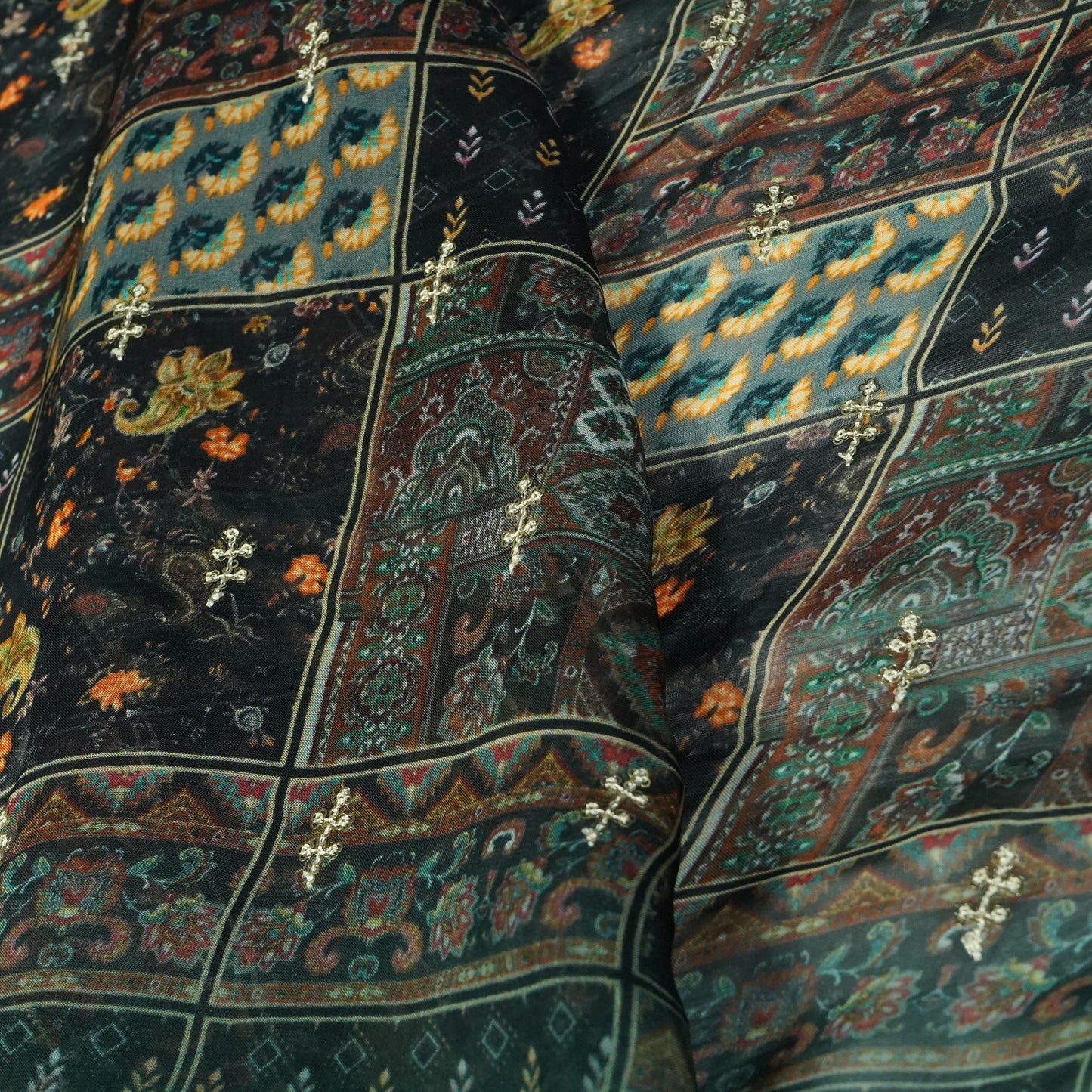 Green Multicolor Sequins Border Embroidery Organza Fabric