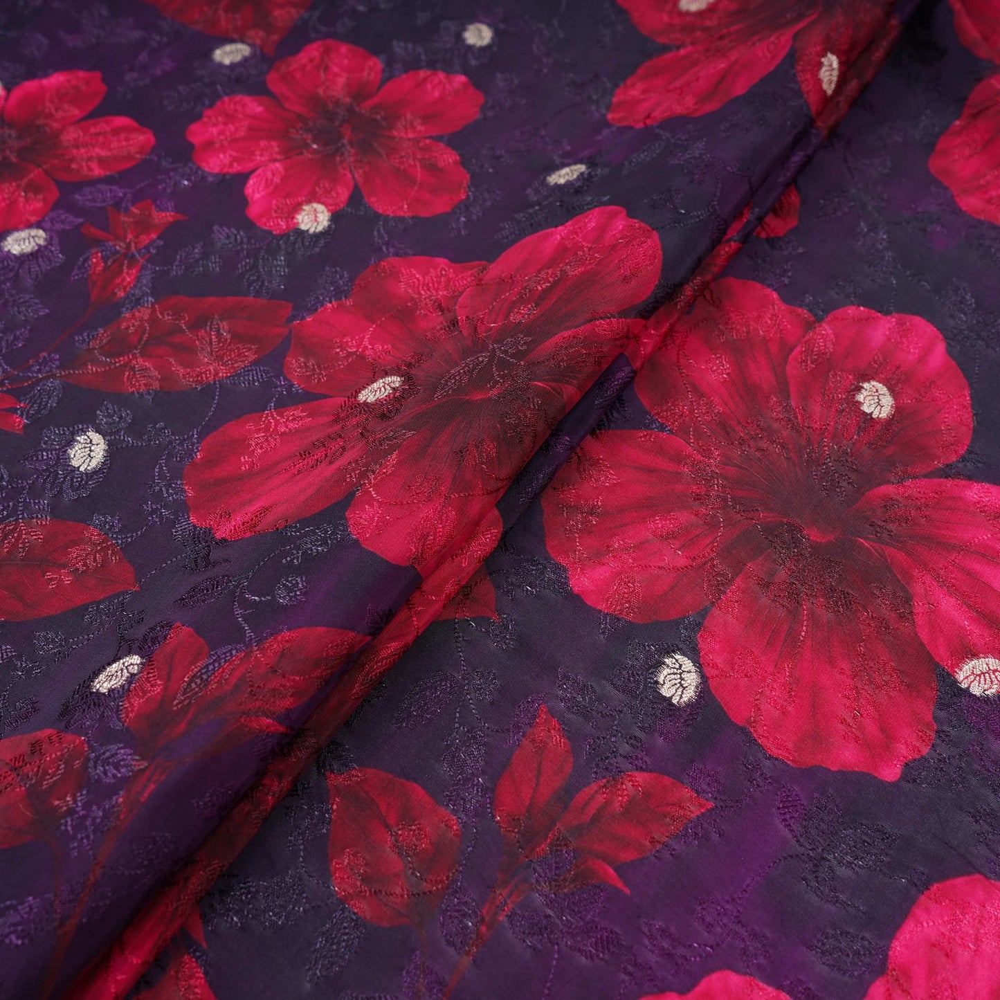 Dark Purple floral zari jacquard Pure Bemberg Crepe Fabric MTF-31809