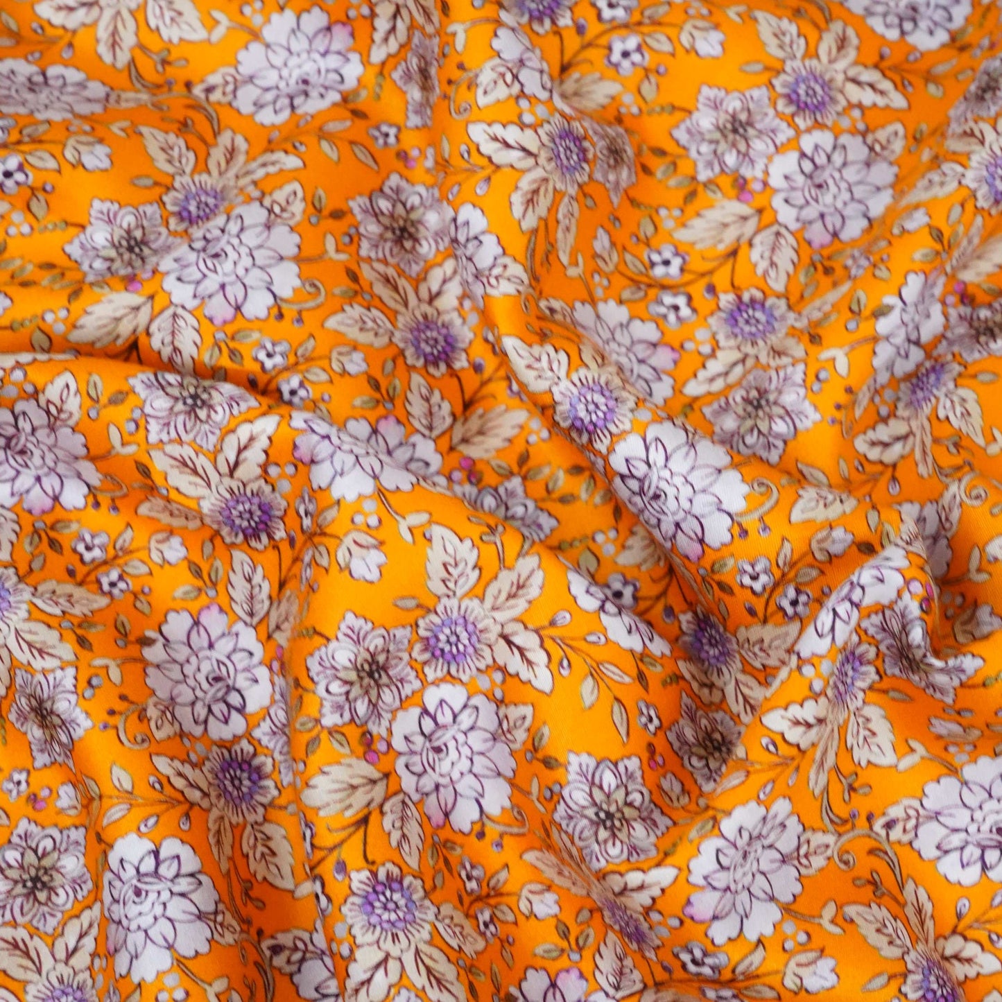 Mustard Yellow Floral Print Cotton Satin Fabric PG-30439