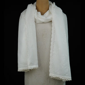 White Dyeable thread embroidery Mulmul Dupatta SST-31010 - TradeUNO