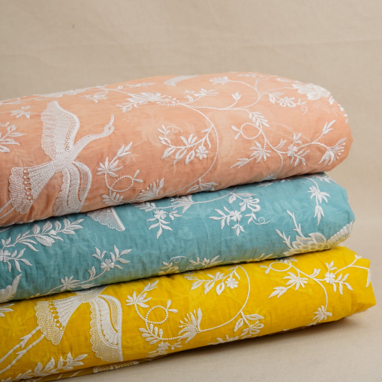 Peach with White Parsi Gara embroidery Mul Chanderi Fabric DC-29826