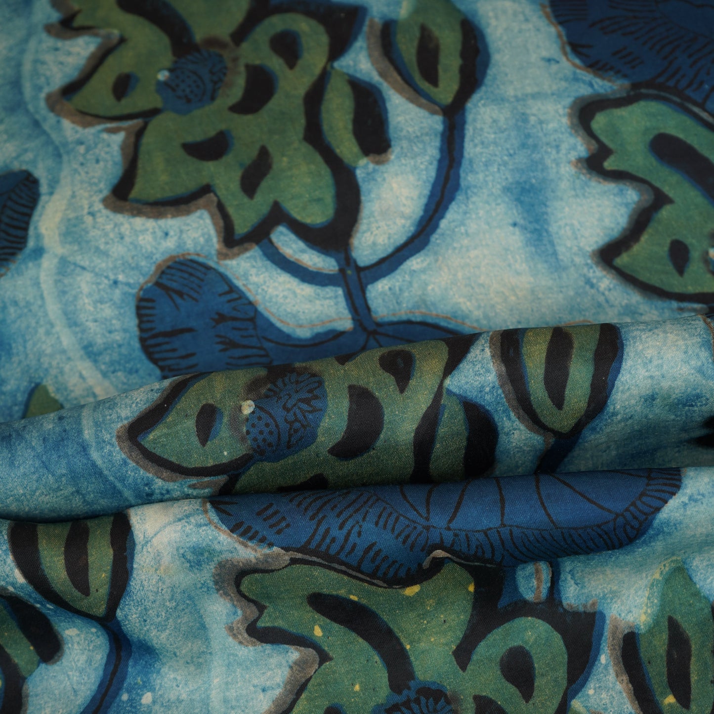 Blue with Green Batik Print Modal Satin Fabric CH-29798