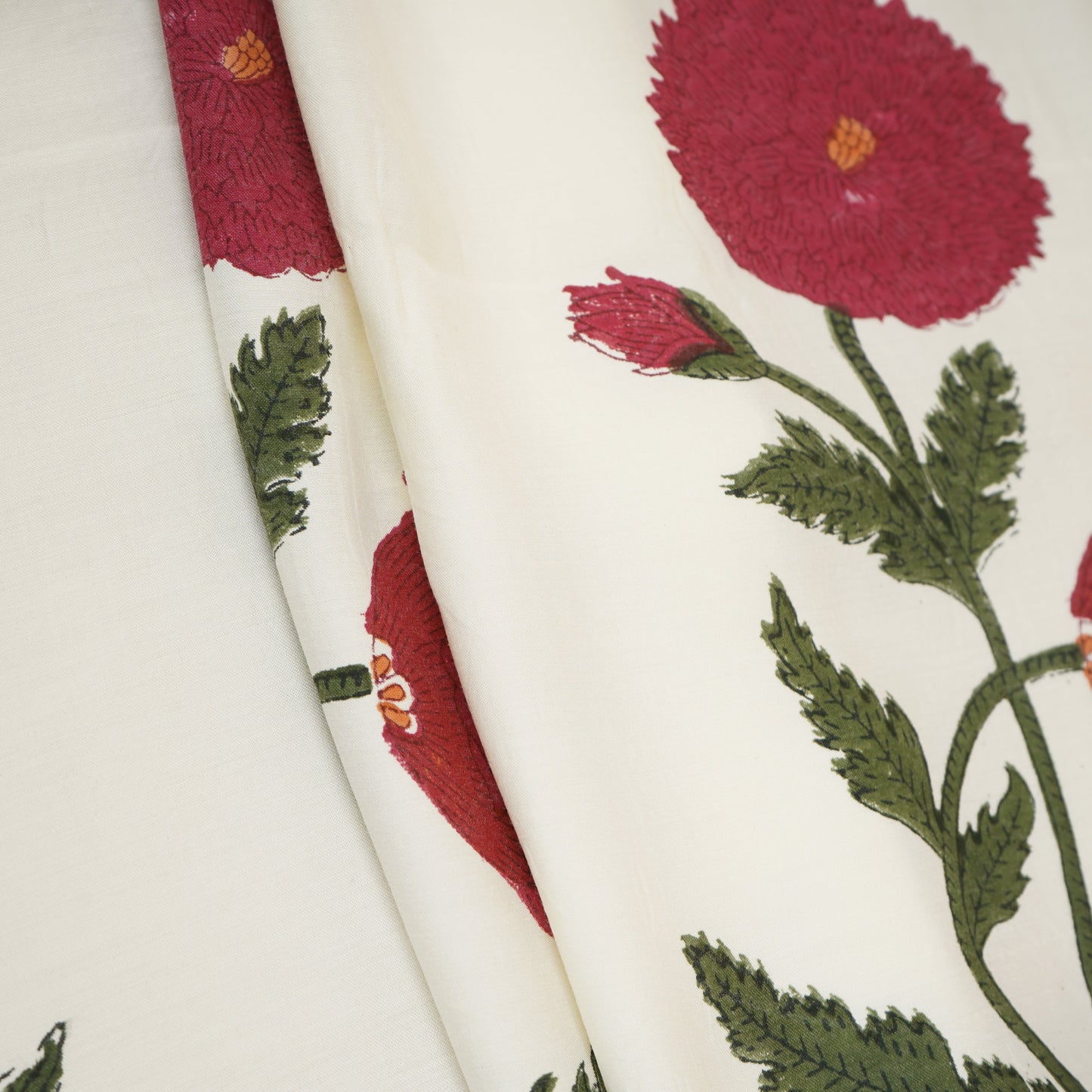 Off White & Red Floral Print Modal Satin Fabric CH-29797