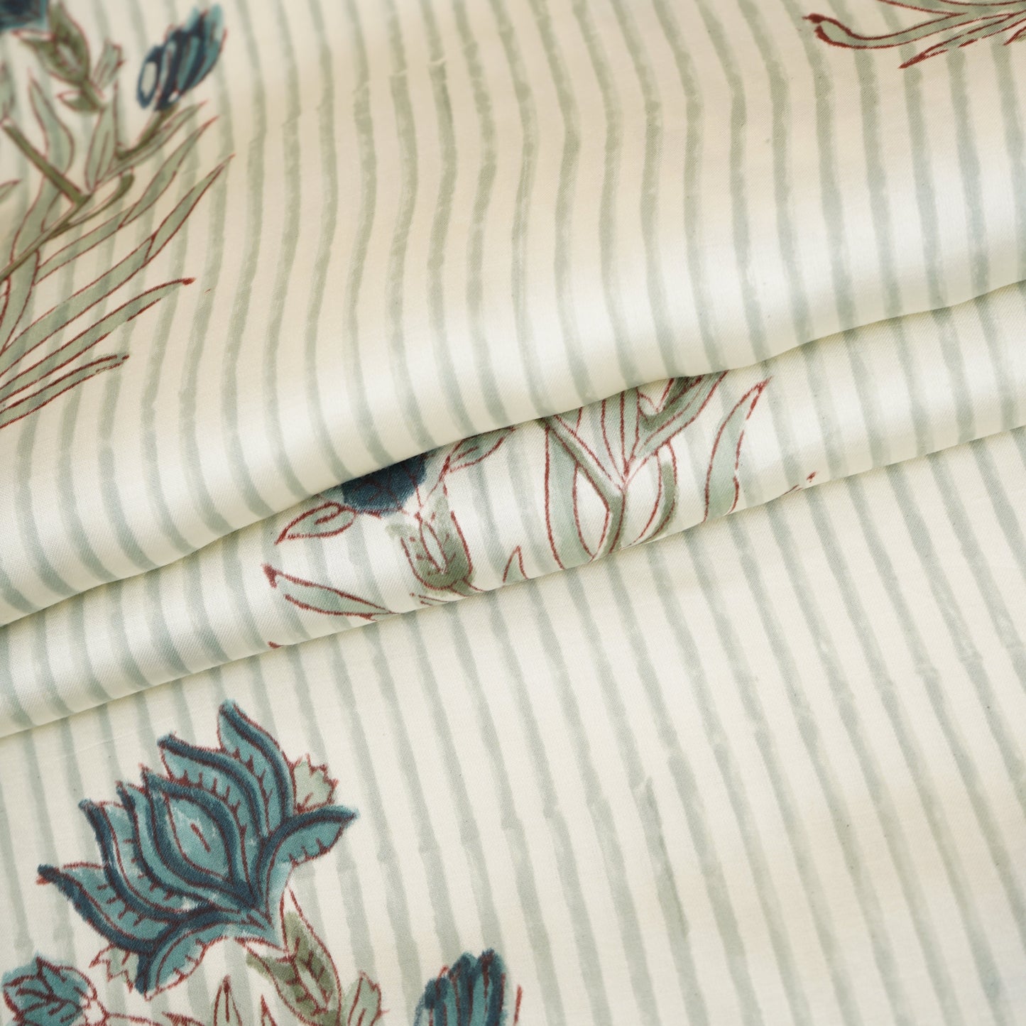 White Floral Stripes Print Modal Satin Fabric CH-29794