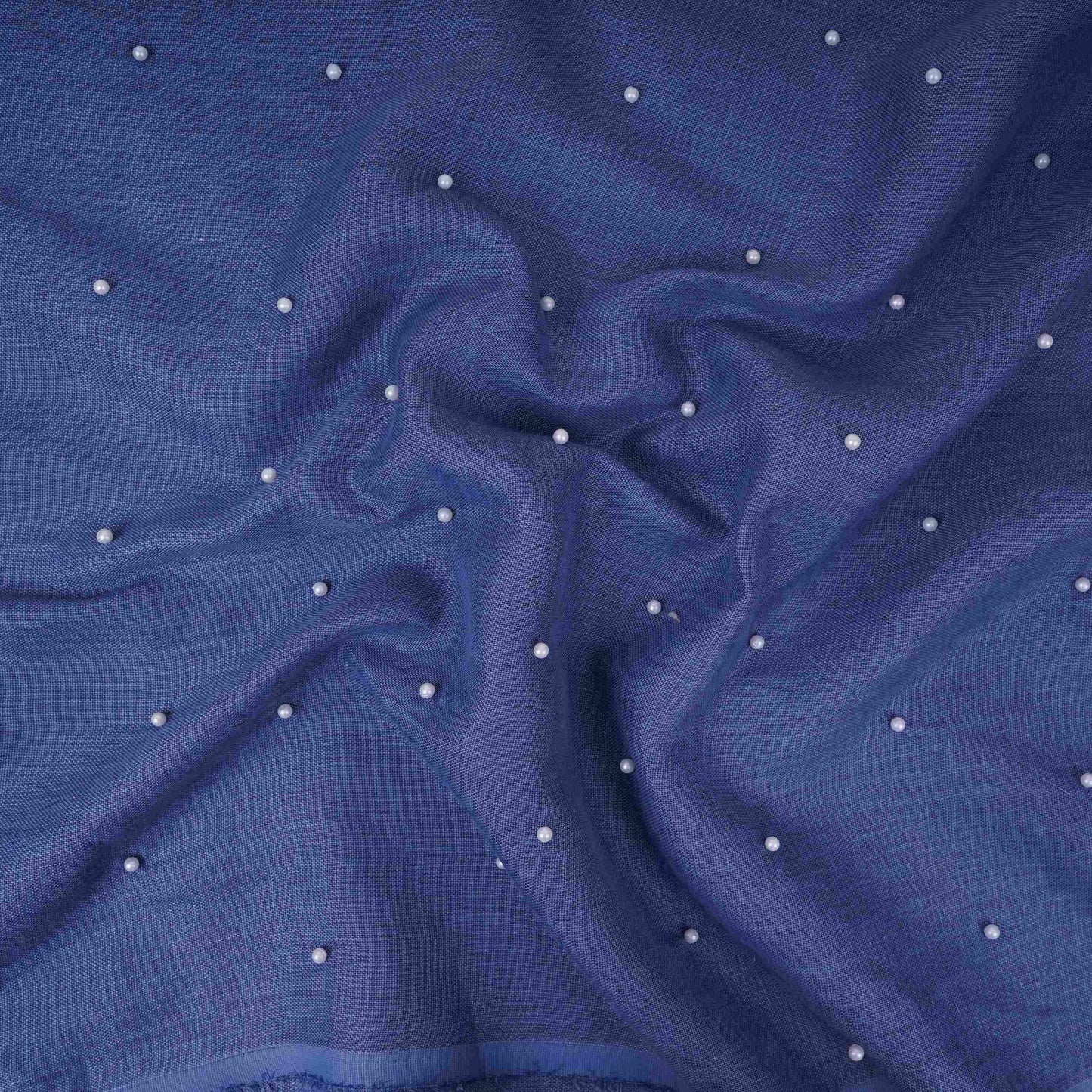 Denim Blue Beads Work Linen Fabric SU-31875