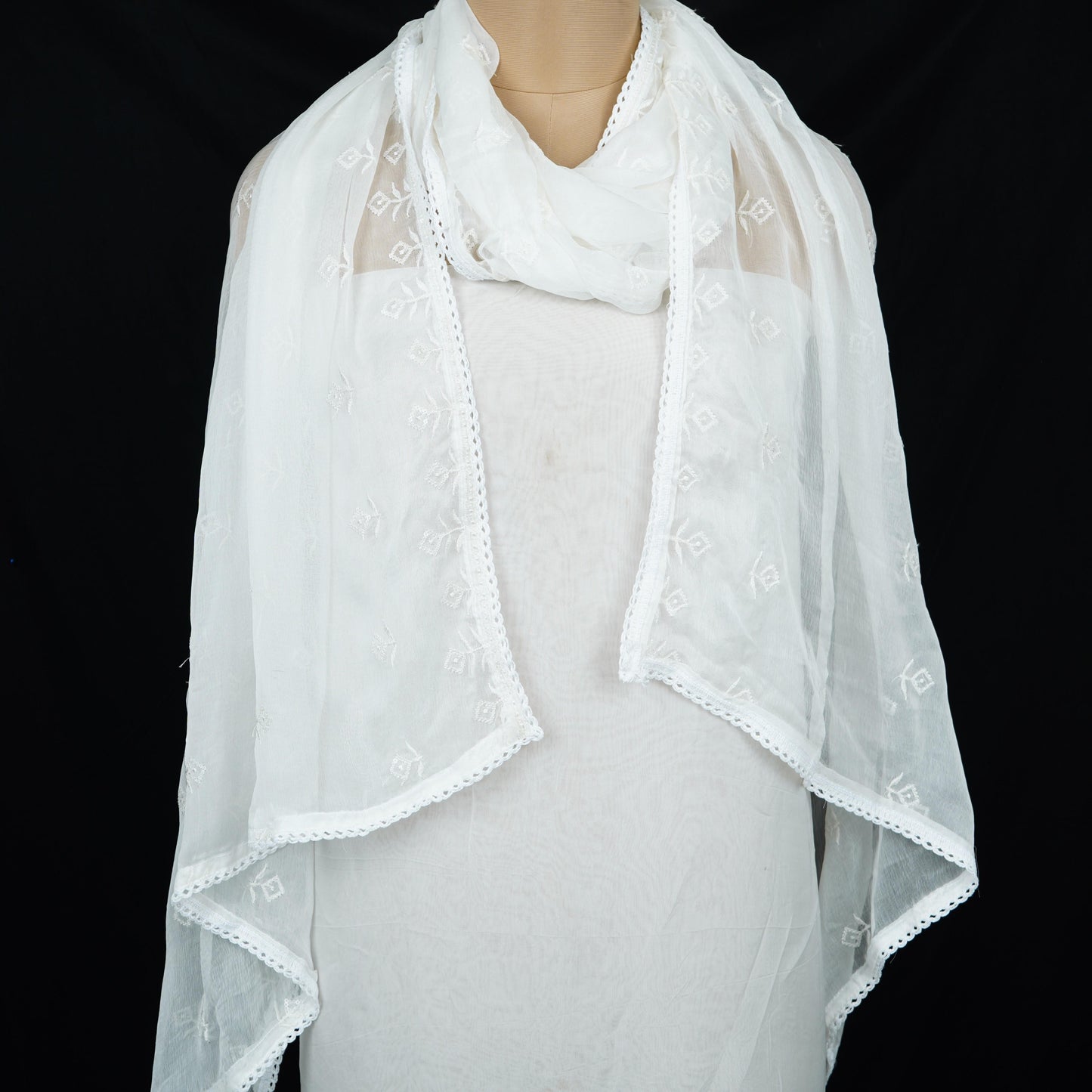 White Dyeable thread embroidery Chiffon Dupatta SST-31020