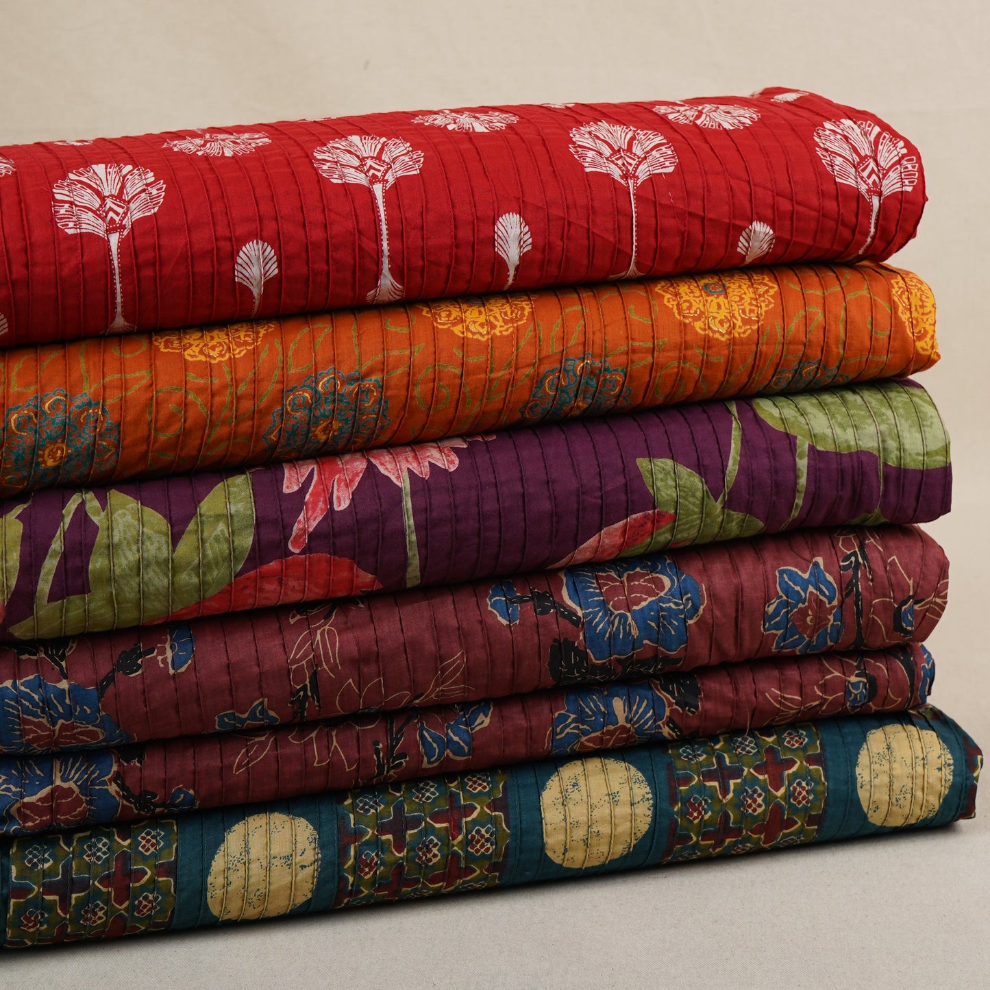 Orange with Yellow Floral Pintuck Cotton Fabric CH-29801