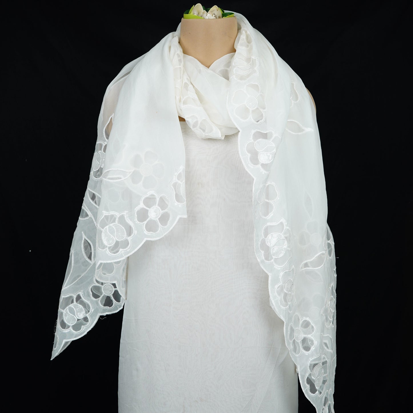 White Dyeable thread floral embroidery Organza Dupatta SST-31025