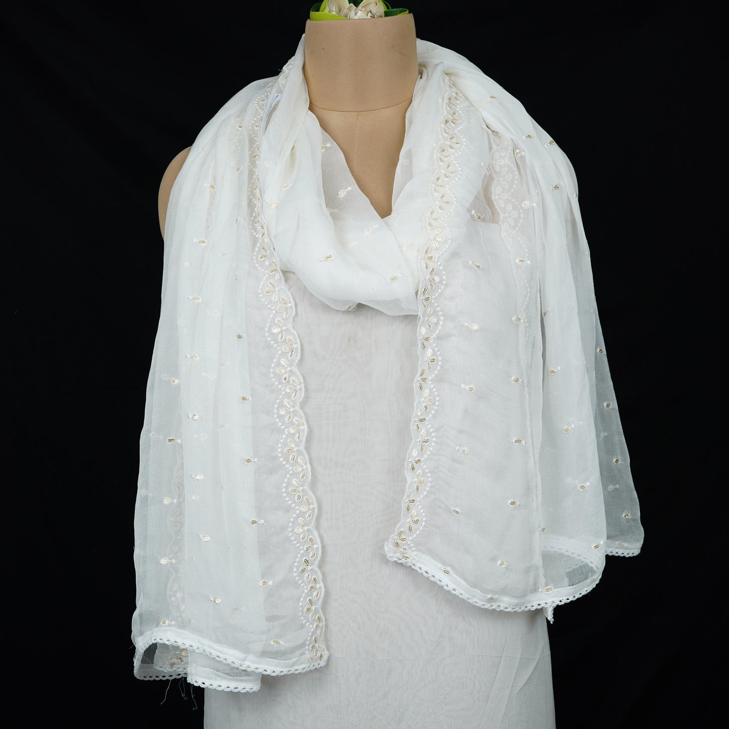 White Dyeable embroidery Chiffon Dupatta SST-31012