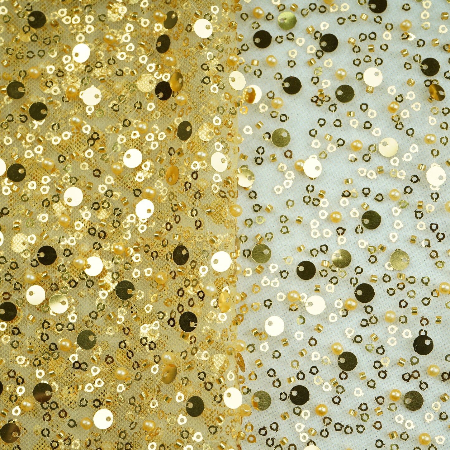 Golden Imported Pearl & Sequence Embroidery Net Fabric 9424