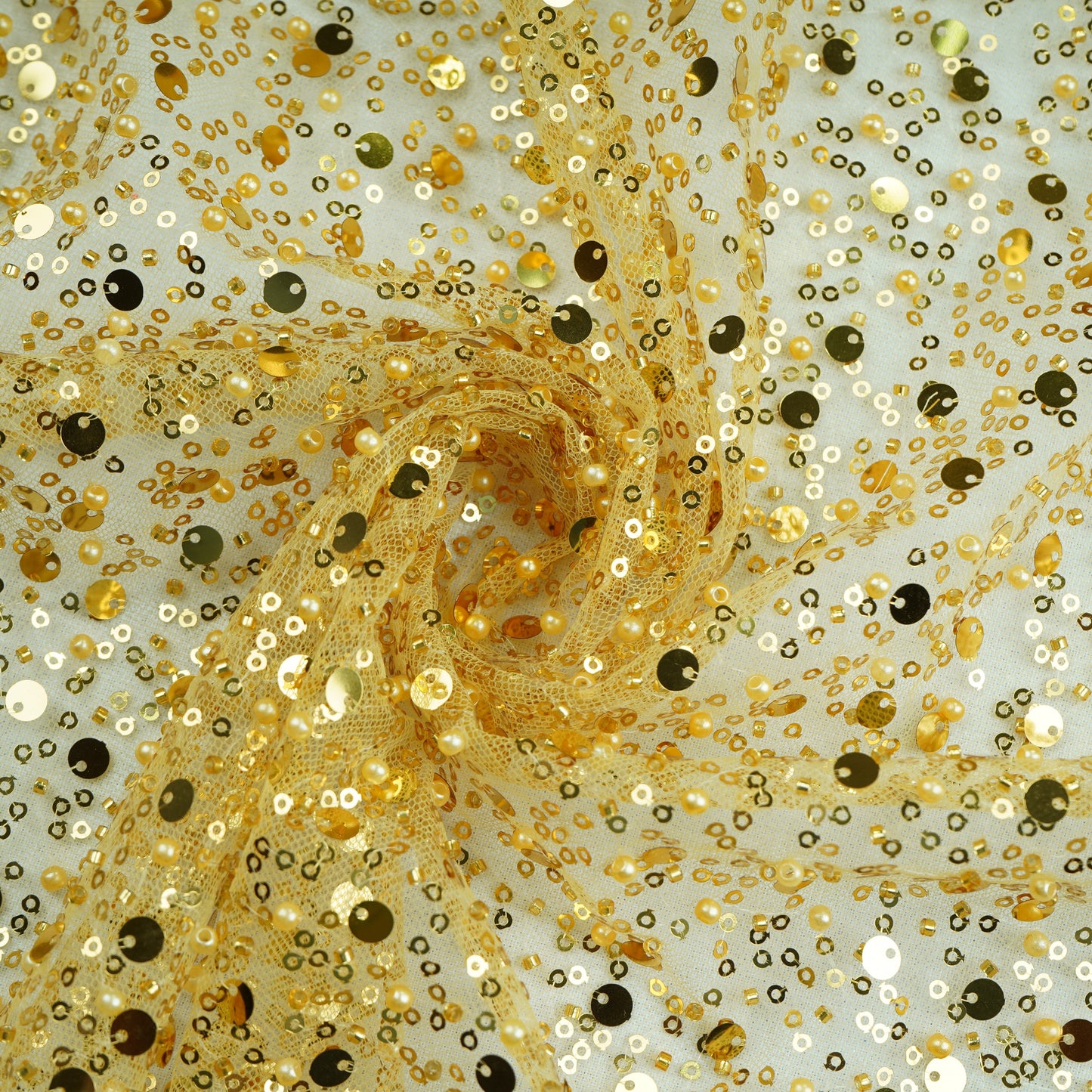 Golden Imported Pearl & Sequence Embroidery Net Fabric 9424
