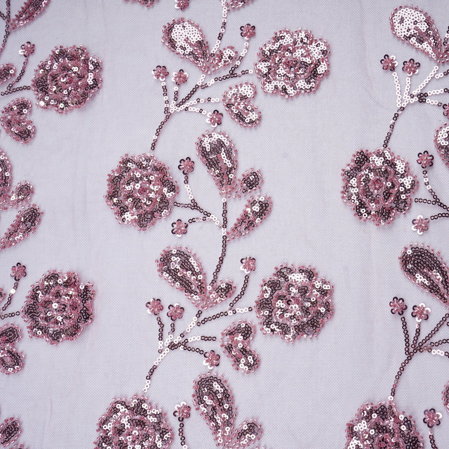 Peach Cutdana & Sequins Embroidery Net Fabric 21931