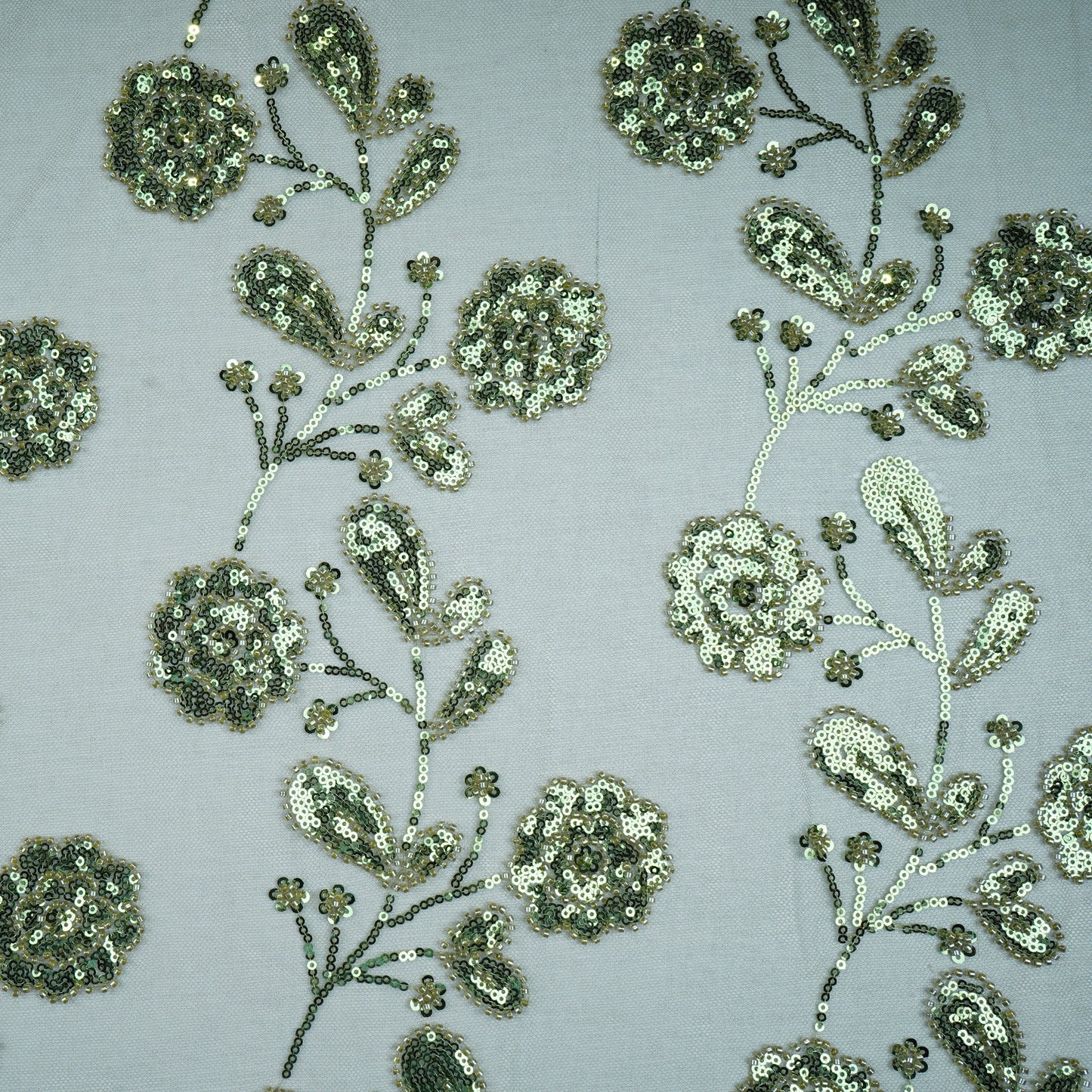 Olive Green Cutdana & Sequins Embroidery Net Fabric 21932
