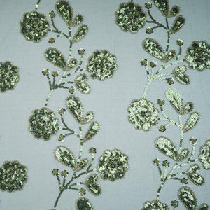 Olive Green Cutdana & Sequins Embroidery Net Fabric 21932