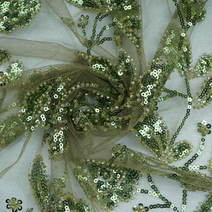 Olive Green Cutdana & Sequins Embroidery Net Fabric 21932