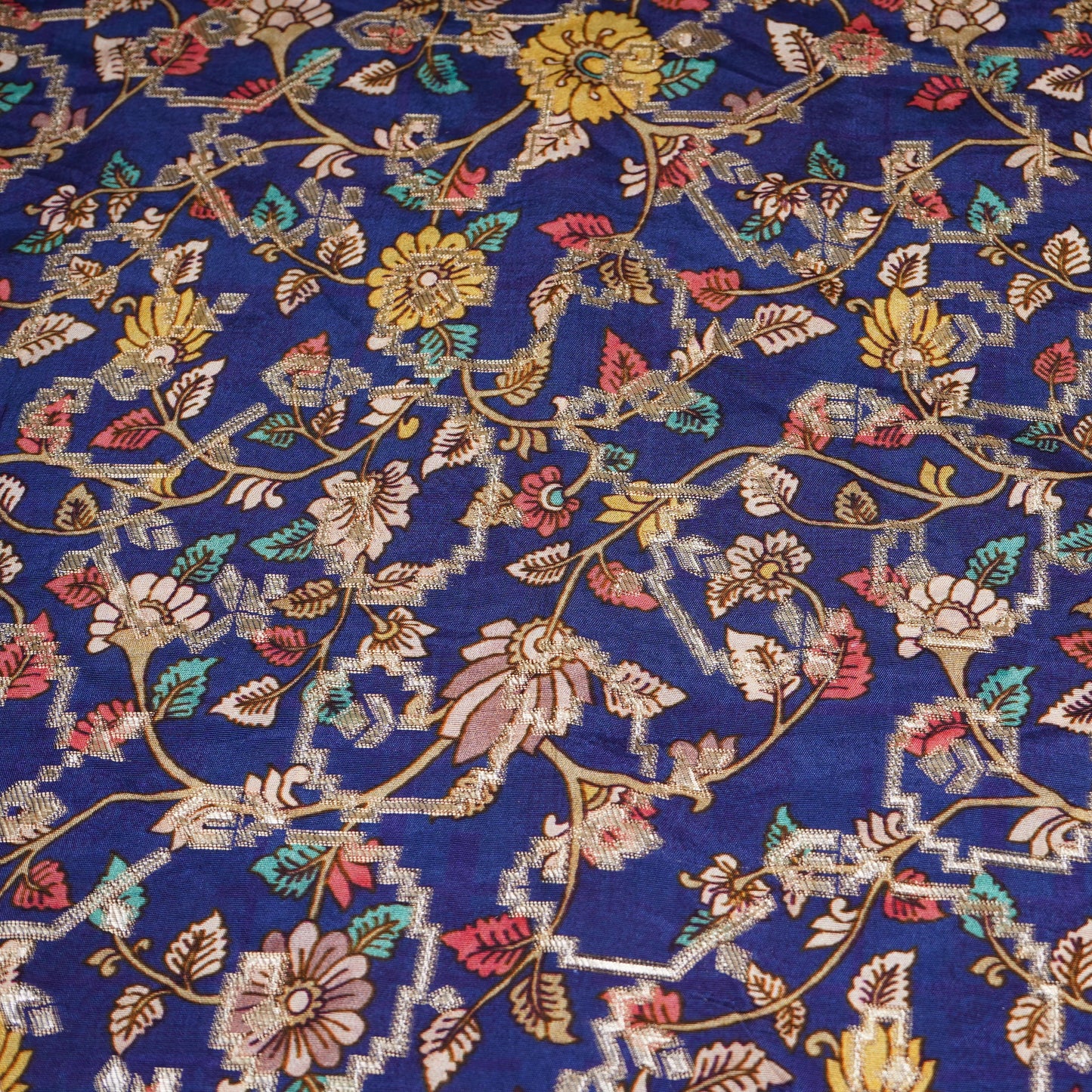 Blue Floral Print Dola Silk Jacquard Fabric 20313