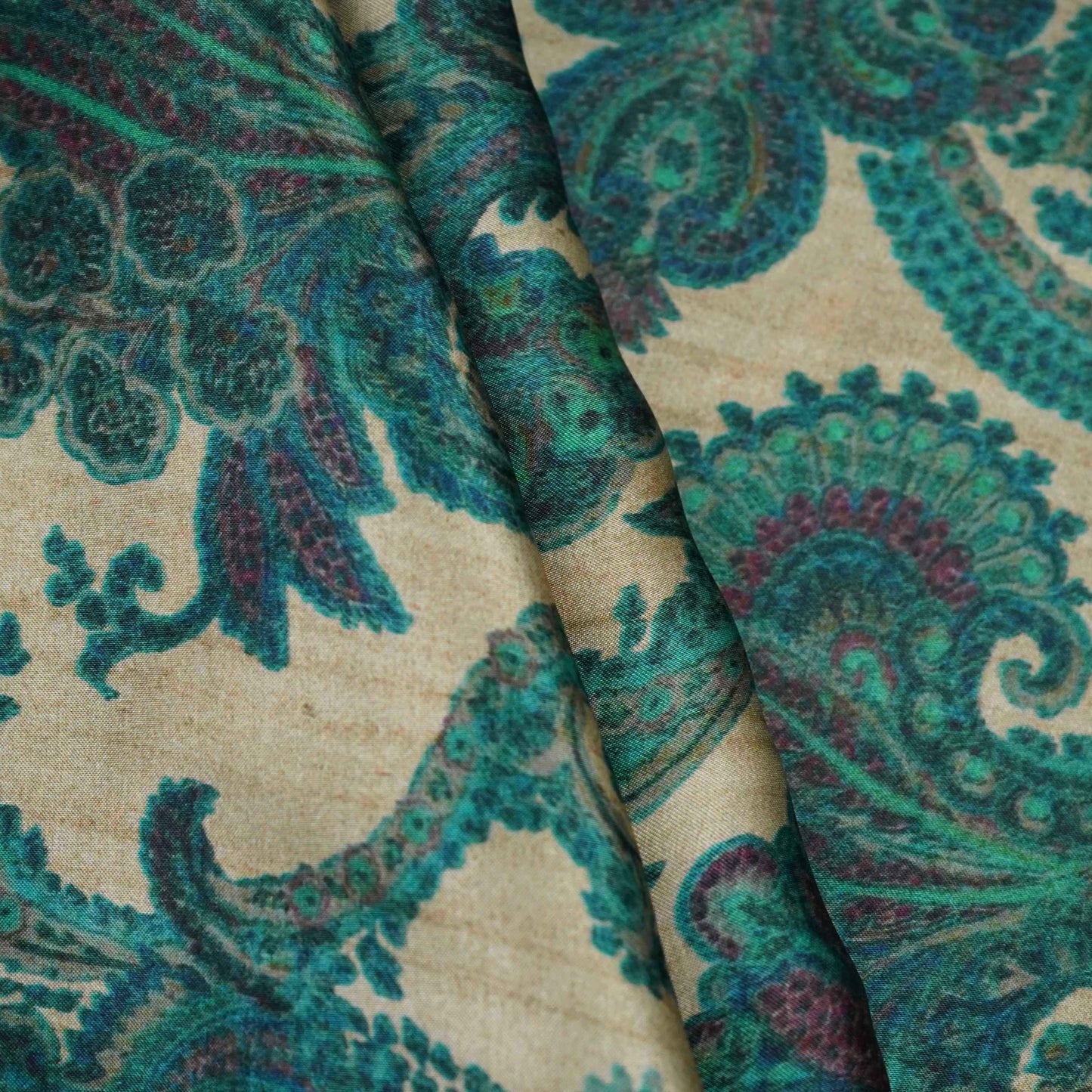 Beige with Teal Blue Paisley print Bemberg Modal Silk Fabric KTP-31387