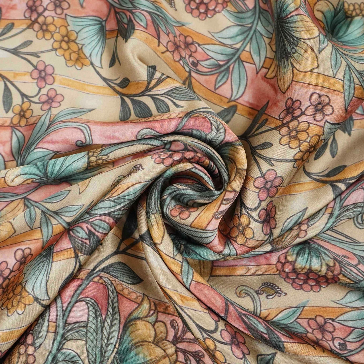 Beige Kalamkari stripes print Bemberg Modal Silk Fabric KTP-31397
