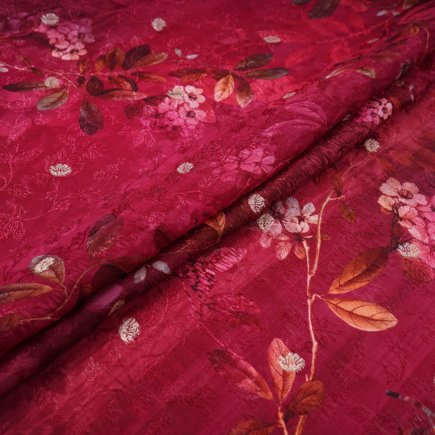 Magenta floral zari jacquard Pure Bemberg Crepe Fabric MTF-31813
