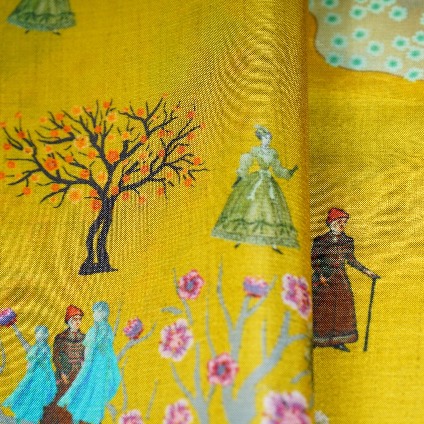 Yellow Mughal Print Upada Silk Fabric 21088