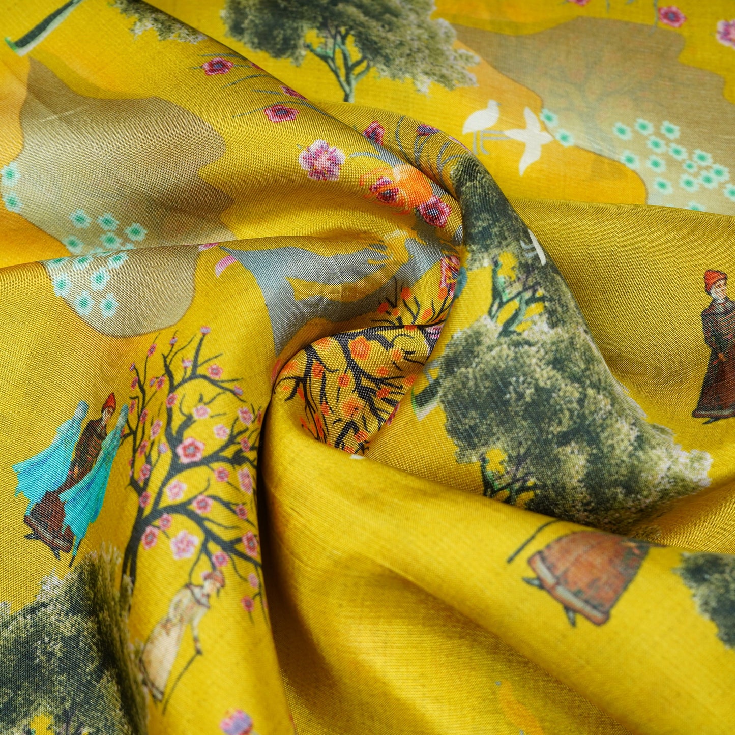 Yellow Mughal Print Upada Silk Fabric 21088