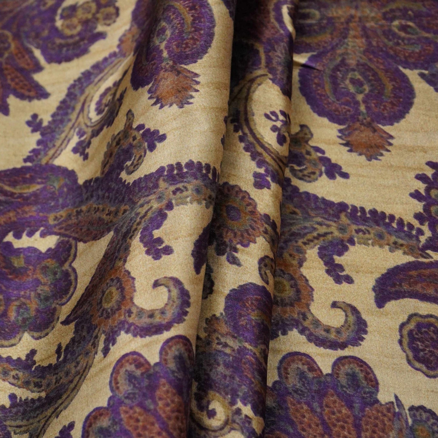 Beige with Purple Paisley print Bemberg Modal Silk Fabric KTP-31388