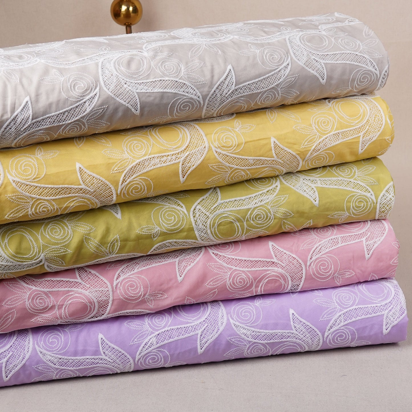 Beige Floral Embroidery Schiffli Crepe Fabric AF-29921