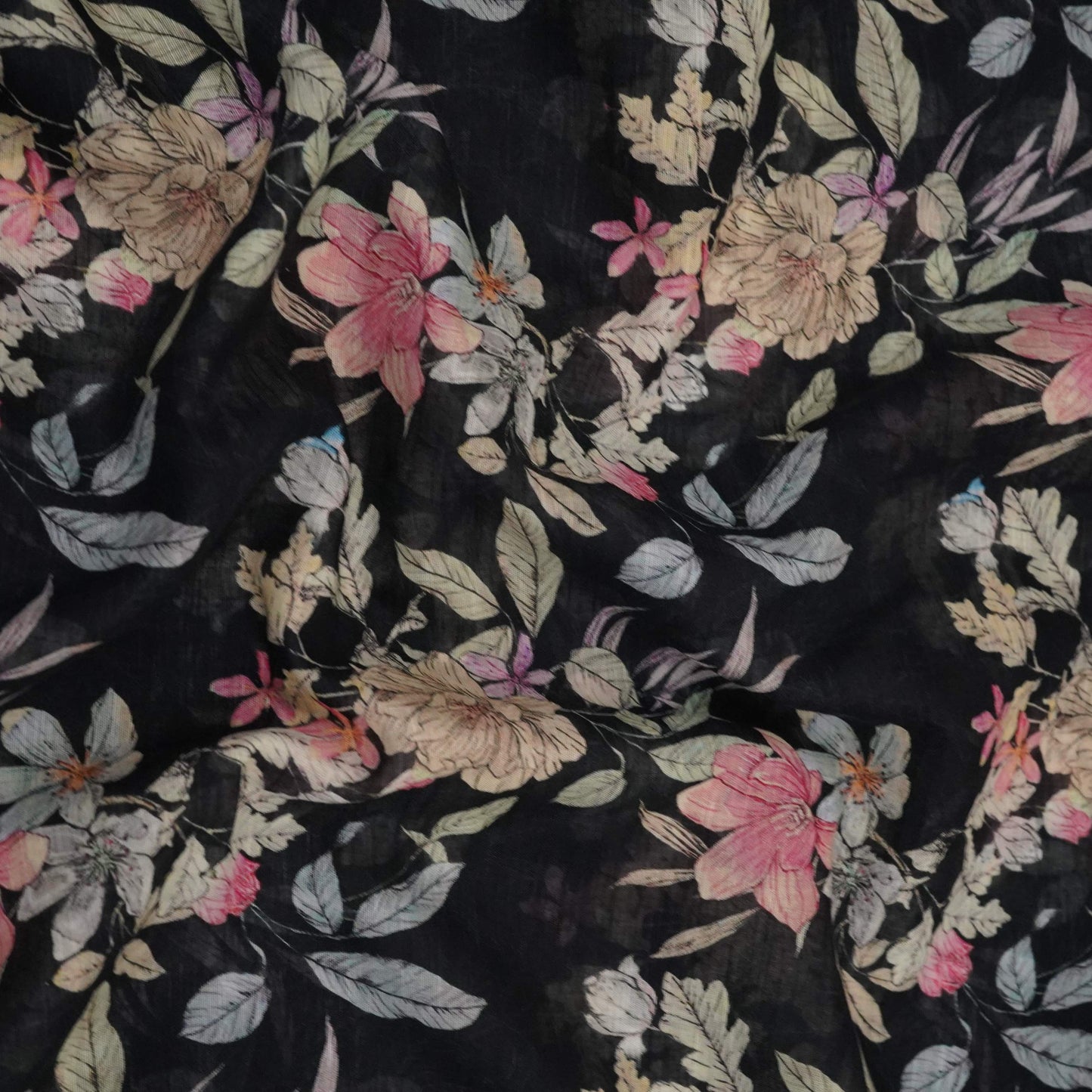 Black Floral Print Cotton Linen Fabric RT-30913