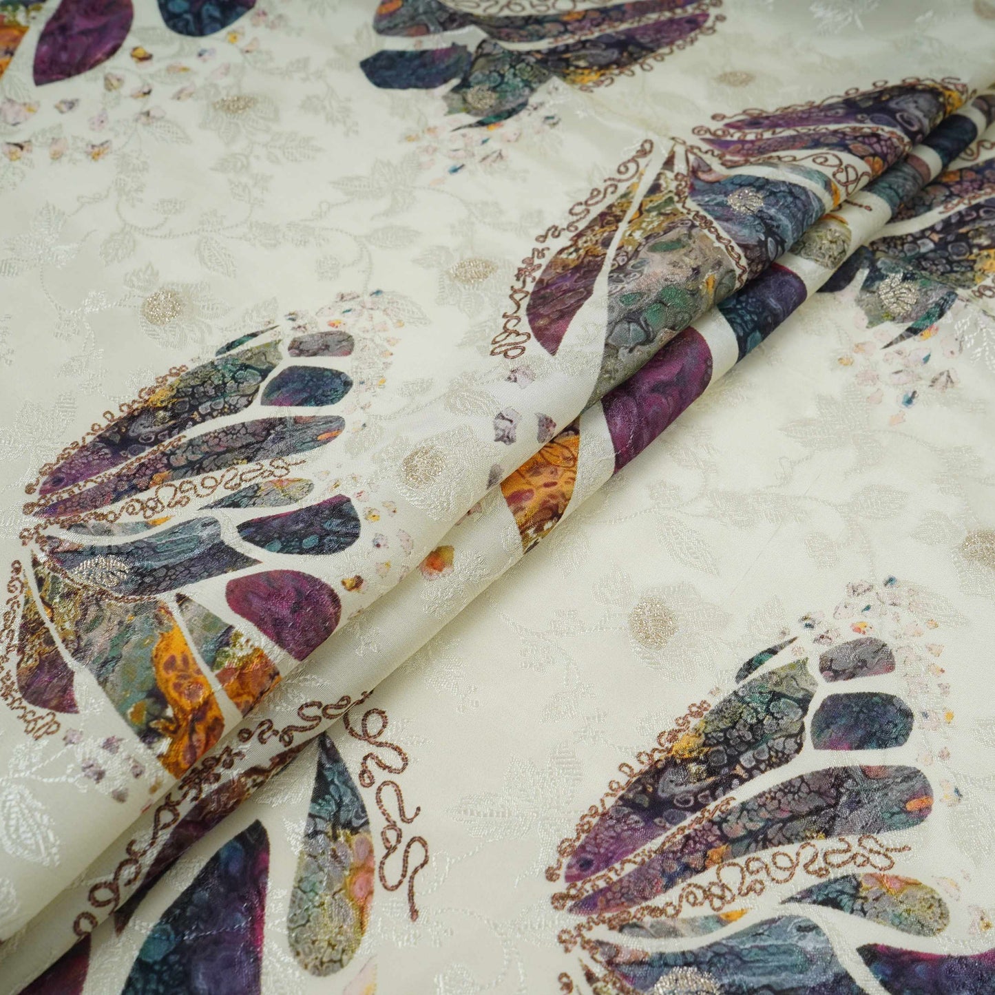 Ivory Abstract zari jacquard Pure Bemberg Crepe Fabric MTF-31814