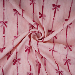 Peach Pink Bow Stripes embroidery Chinon Cotton Slub Fabric SFG-31707 - TradeUNO