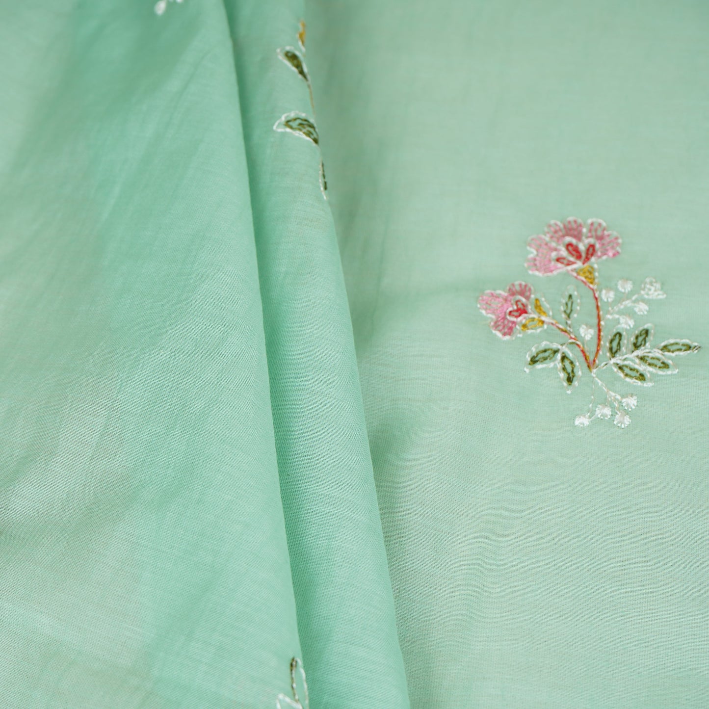 Sea Green Floral Embroidery Mul Chanderi Fabric DC-29916