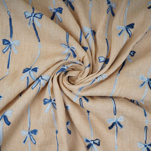 Beige Bow Stripes embroidery Chinon Cotton Slub Fabric SFG-31709 - TradeUNO
