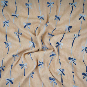 Beige Bow Stripes embroidery Chinon Cotton Slub Fabric SFG-31709 - TradeUNO